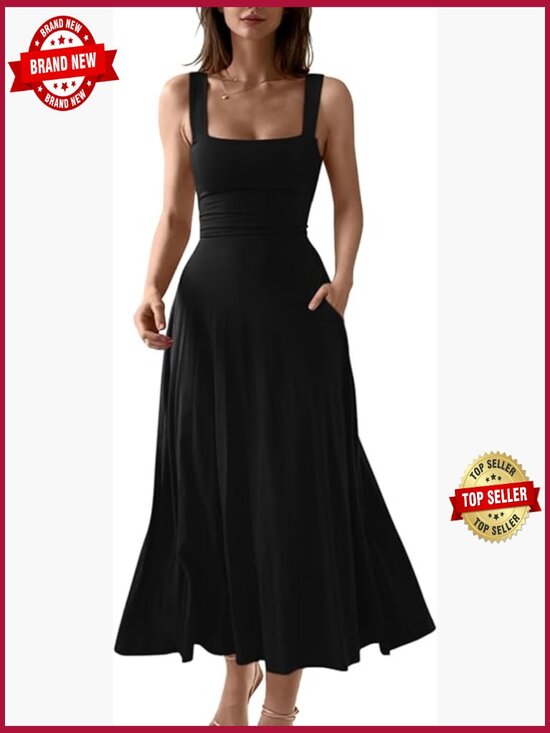 Dresses & Skirts - Women's Casual Sleeveless Square Neck A-Line Swing Maxi Dress Pockets